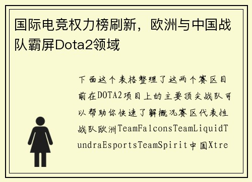 国际电竞权力榜刷新，欧洲与中国战队霸屏Dota2领域